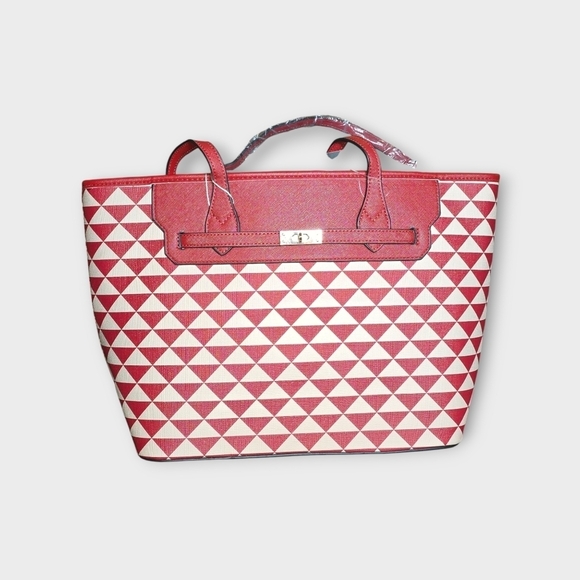 VEGAN 3 piece Red & Tan LG Bucket Purse, SM Bucket & Cosmetic Case - Picture 4 of 11